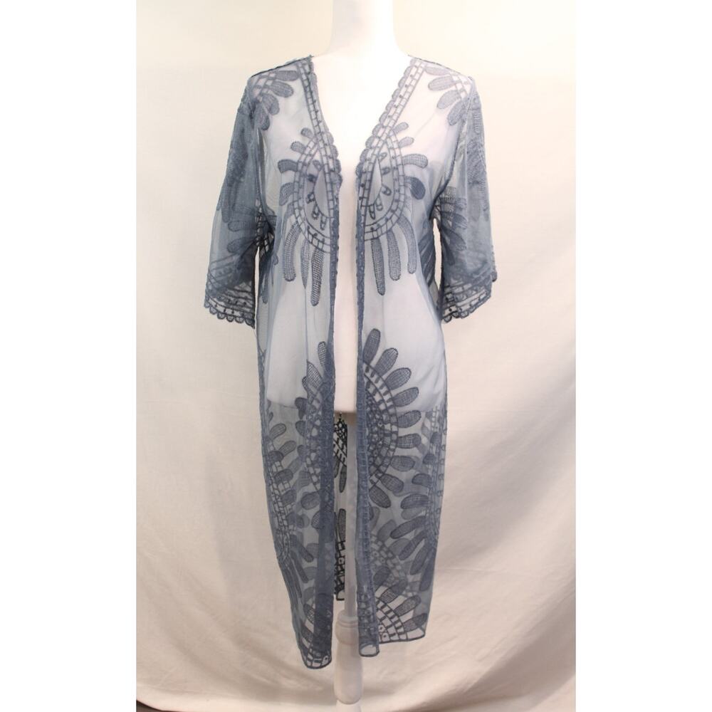 Rebellion Open Sheer Cardigan Cover-Up size M Blue Geometric Lace Bell Sleeve